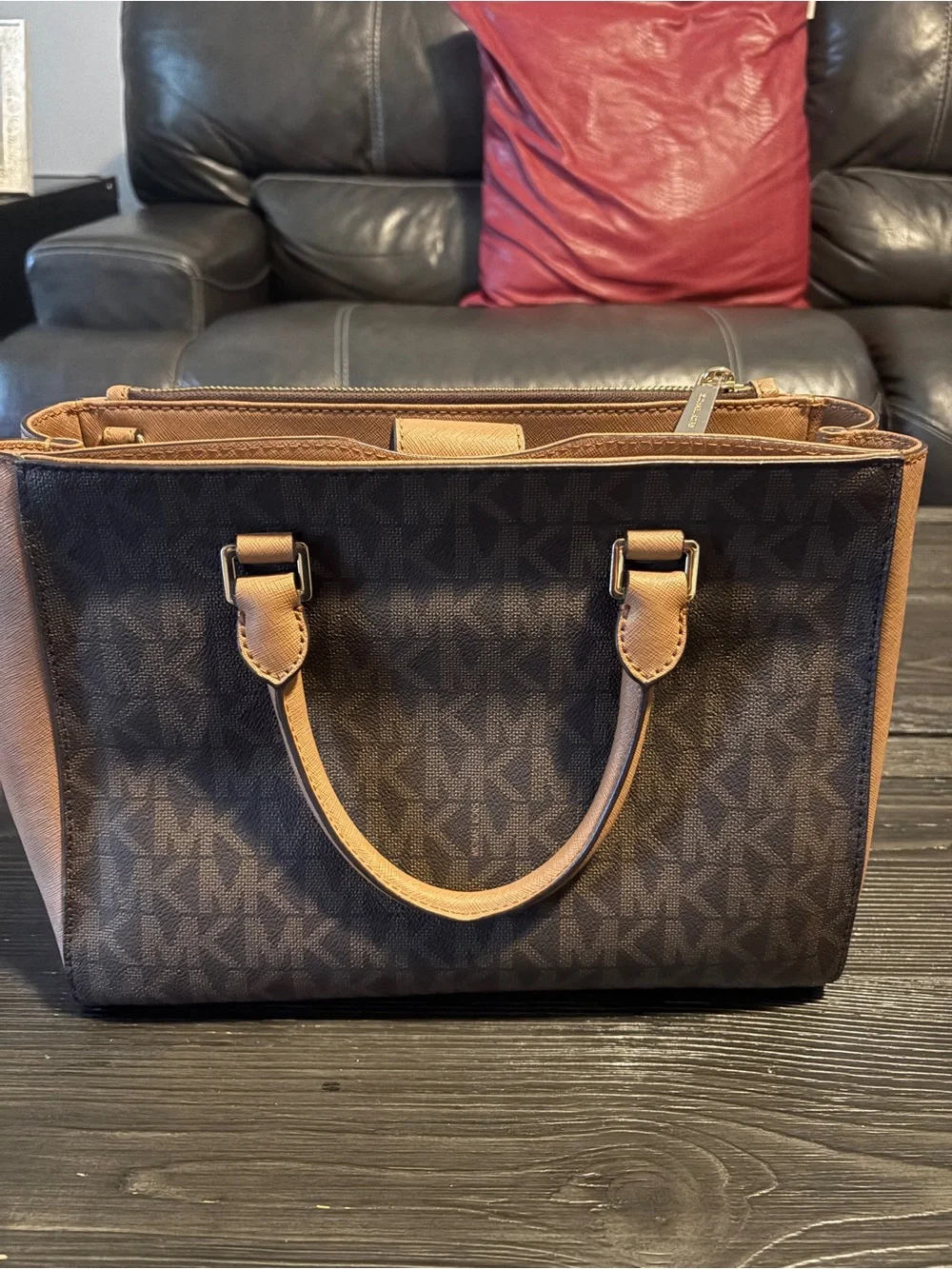 Michael Kors Dark Brown MK Logo Satchel with Tan Leather Trim